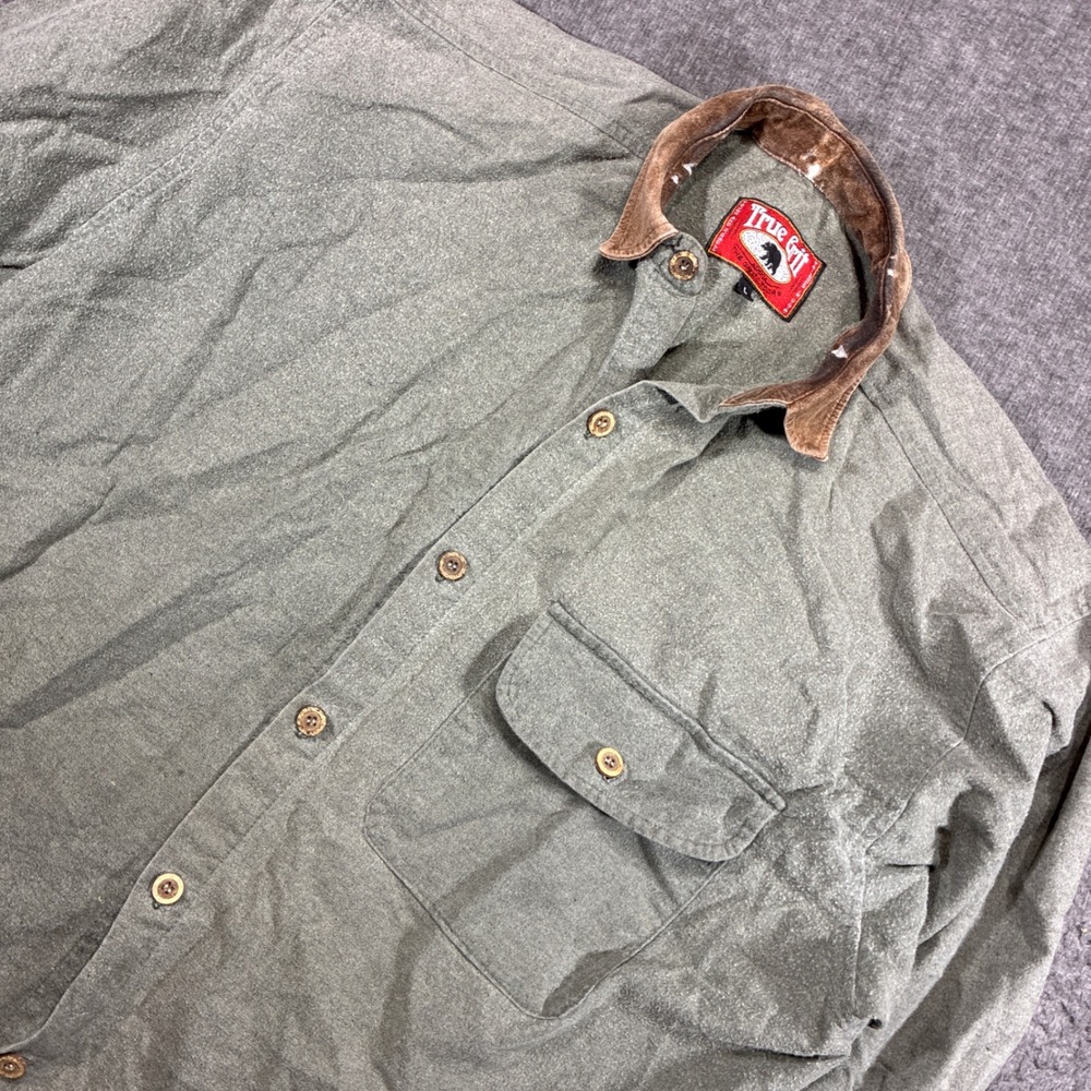 Vintage True Grit Button Down Shirt Men Large Green Leather Collar Faded Flannel